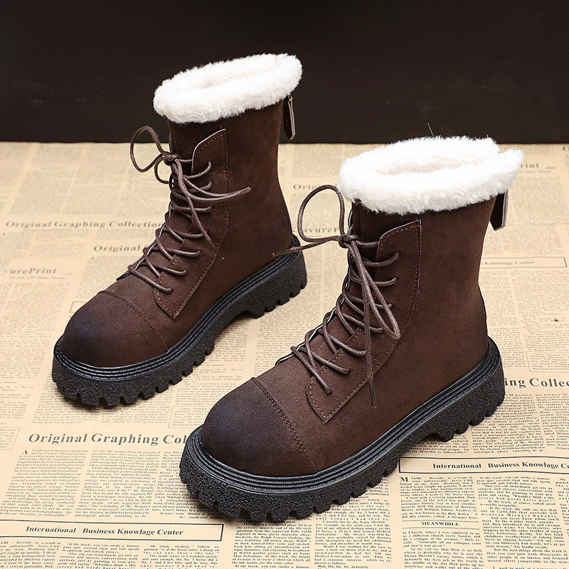 

2021 Women Motorcycle Mid Calf Boots Platform Flat Heel 4.5 CM Short Boots Women's Shoes Ladies Winter Lace Up Non Slip Boots