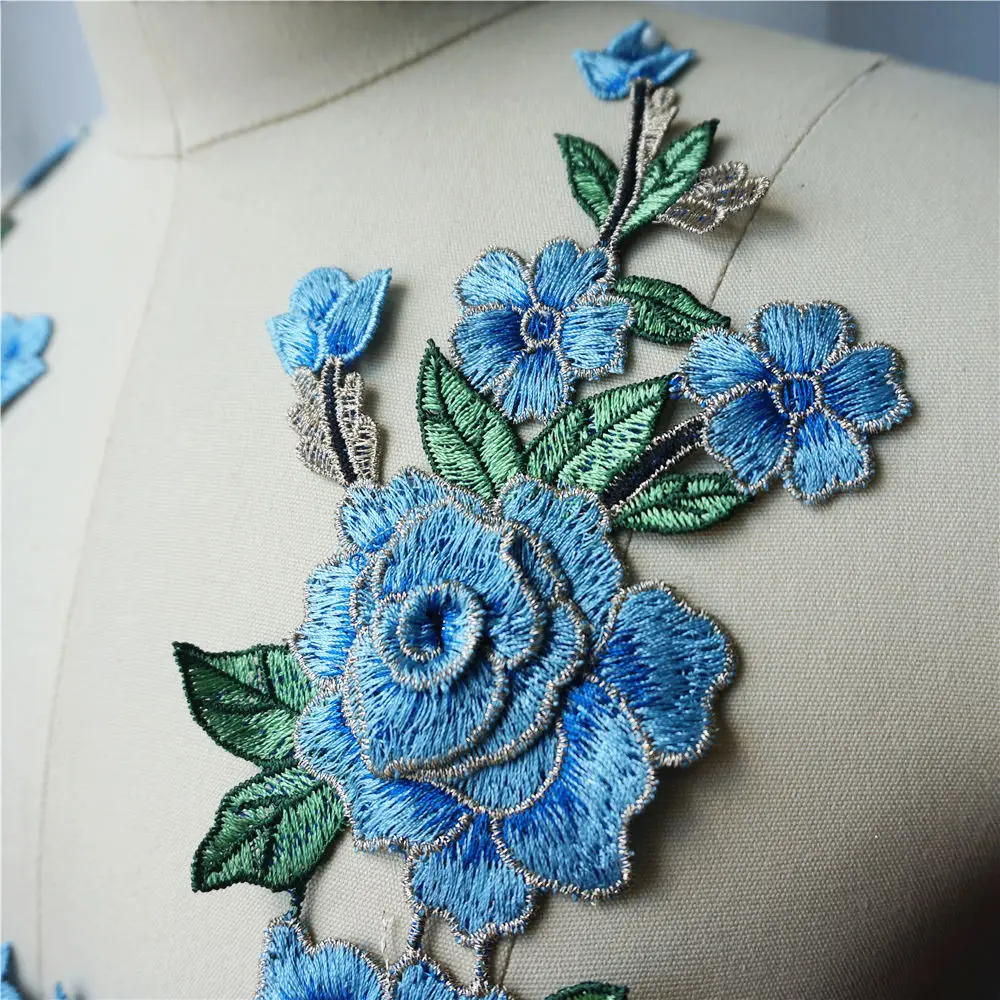 2 шт. Голубая роза 3D цветы вышитая одежда Аппликации Кружева текстильные оборки