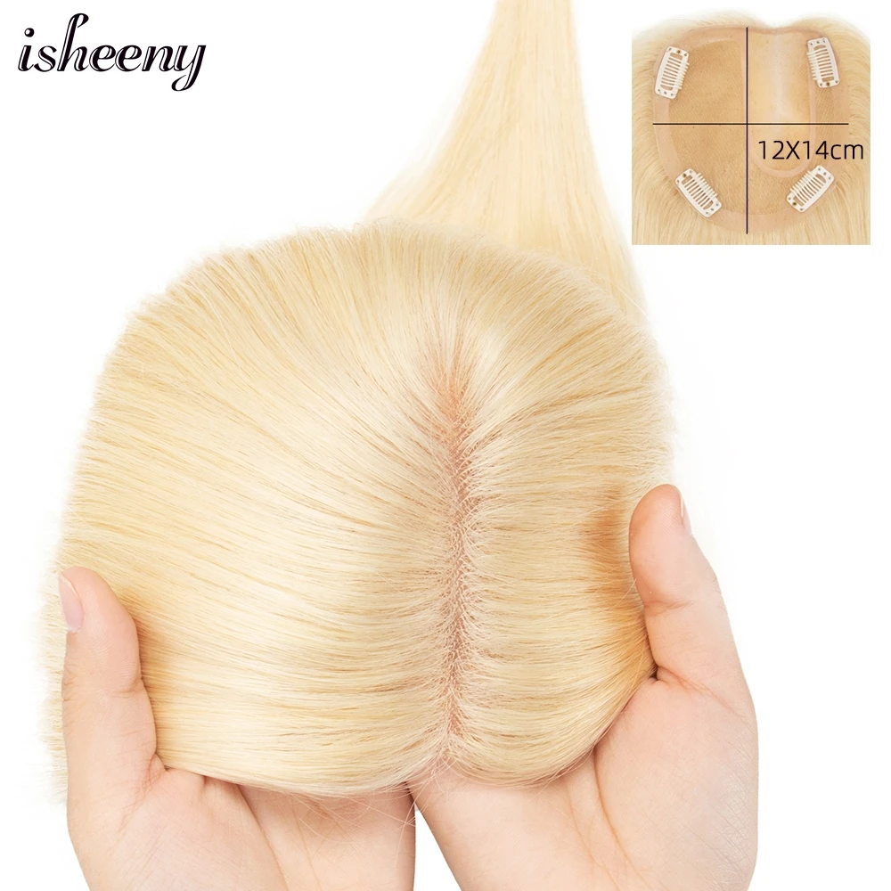 

Isheeny 10"-16" Human Hair Pieces Blonde 12x14 PU Mono Lace Topper 3 Clips In Hair Pad For Thinning Natural Hair Transformation