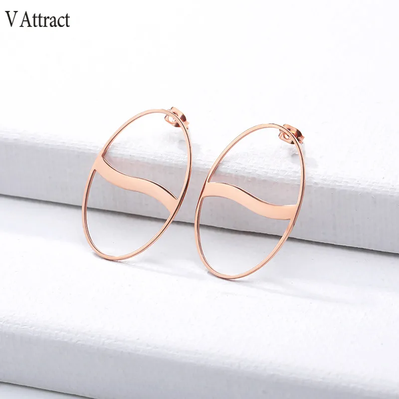 V притягивающие минимализм круглые серьги из нержавеющей стали цвета розового
