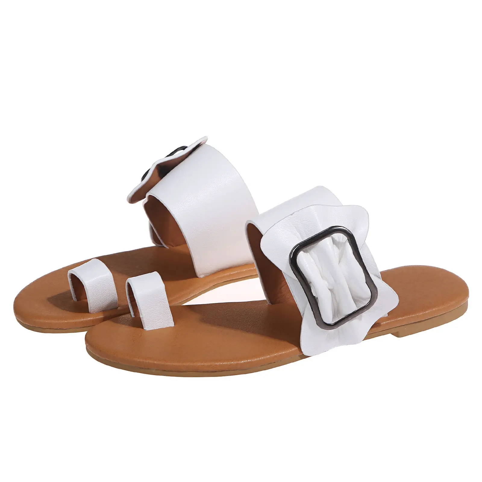 

2021 Summer Fashion Ladies Flat Round Buckle Sandals Women's Shoes Bowknot Square Buckle Flat Slippers Thong Sandals Plus Size