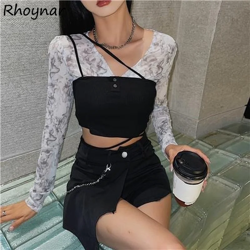 

Sets Women Fashion Gothic Tie Dye Long Sleeve Blouses Sexy V-neck Crop Tops Summer Korean Streetwear Bodycon Camis Club Punk Ins