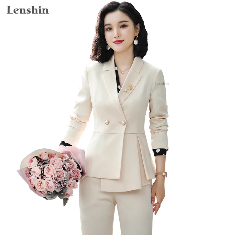

2 Piece Set Women Pant Suits Office Lady Work Wear Formal Female Asymmetrical single Breasted Blazer with Flares Pant