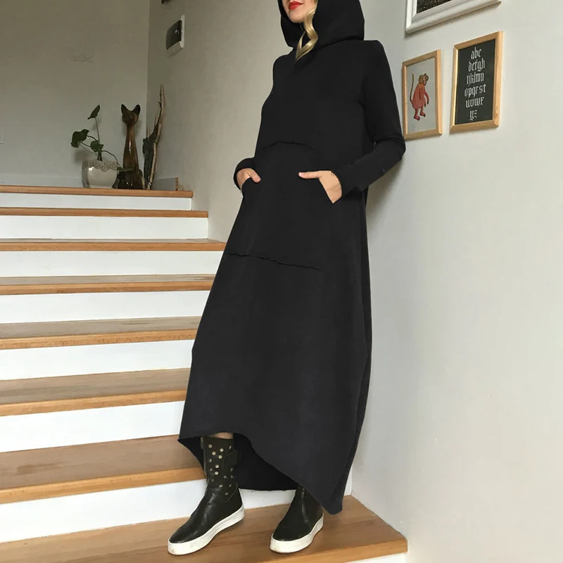 Осенне-зимнее платье VONDA, женский свитер, пуловер, Повседневный, свободный, с карманами, с длинным рукавом, платье с капюшоном размера плюс, Vestidos 5XL