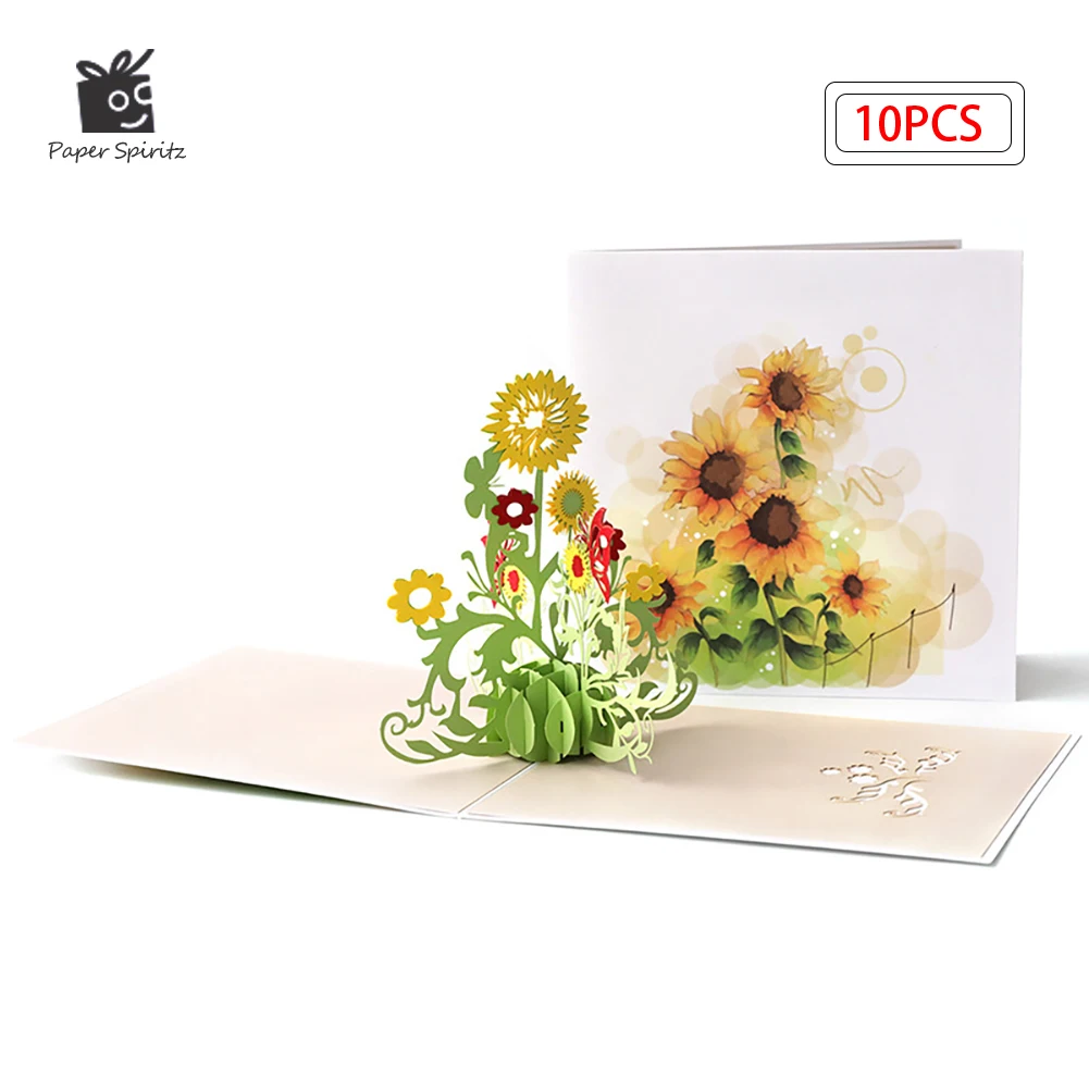 

10 Pack Pop-Up Flower Card 3D Sunflower Greeting Cards for Valentines Day Get Well Mother's Day Birthday Cards Wholesale