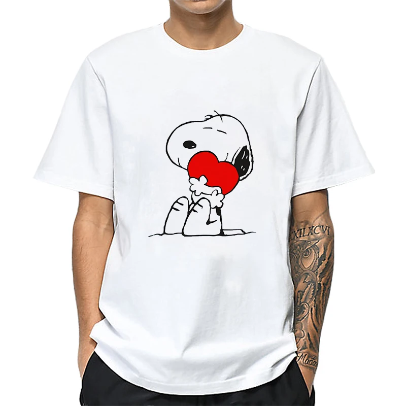 MOUNTSHARP Snoopy Holding Love напечатаны мужские милые футболки хлопковые летние рубашки