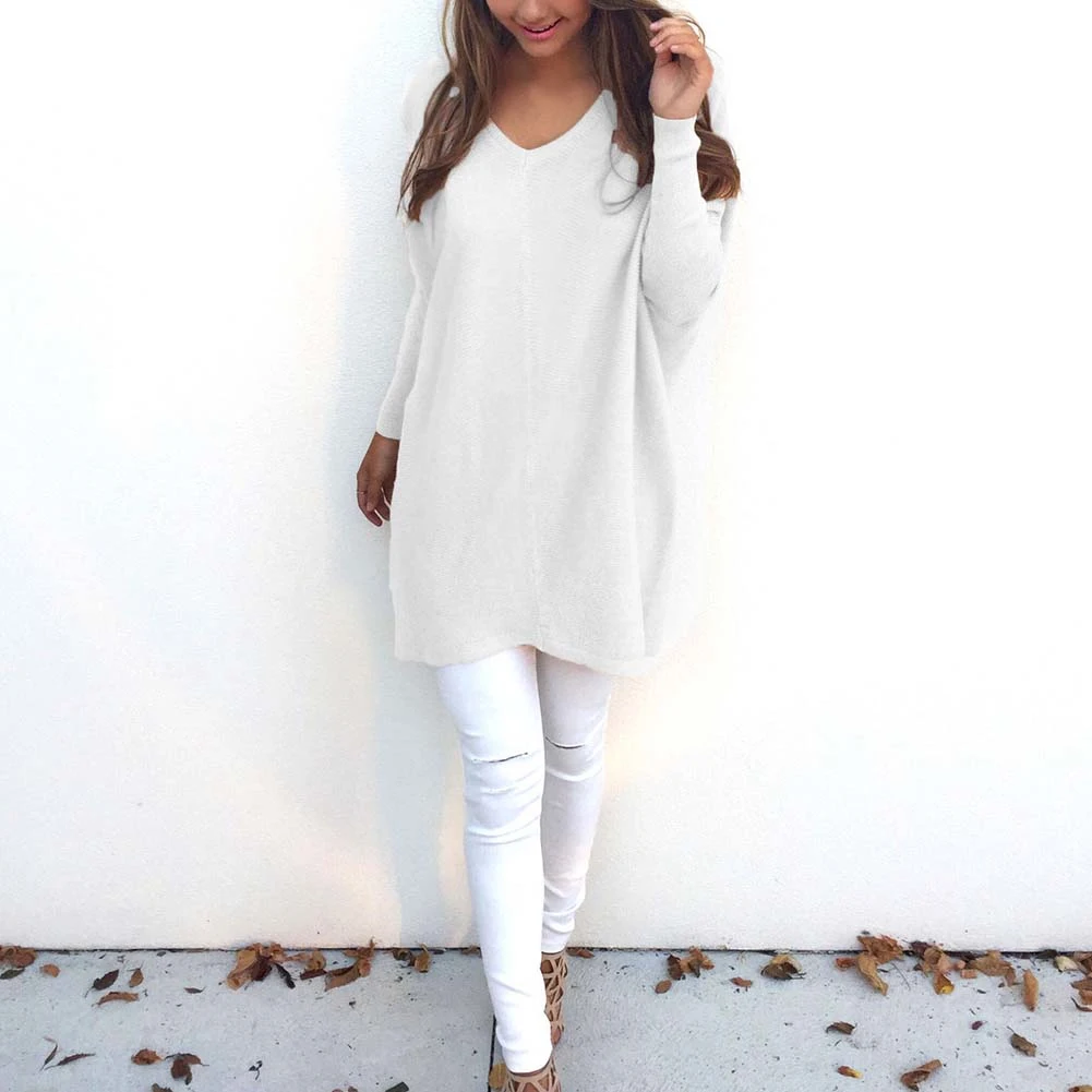 Fashion Sweater Women V Neck Long Sleeve Tunic Pullover Sweaters Casual Loose Knitted Solid Color Women's | Женская одежда