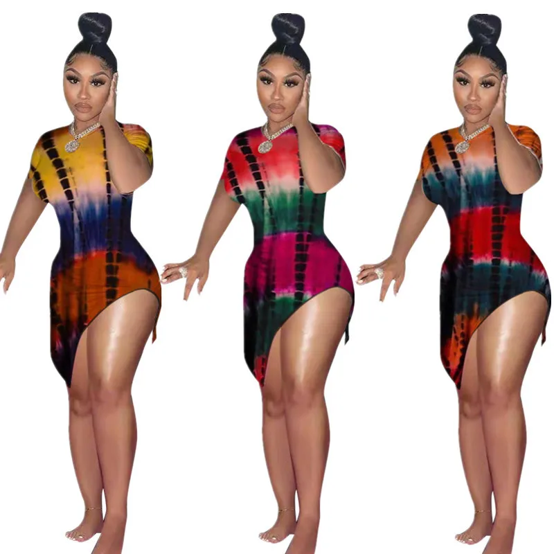 

Somoshein S-2XL 2021 Fashion Women Clothing Club Sexy Tie Dye o Neck Short Sleeve Slit Casul Dress Wholesale Dropshopping