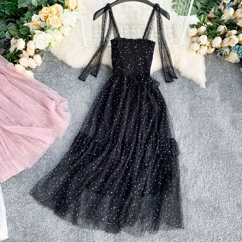 Летнее женское блестящее платье феи на бретельках Пляжное Платье из сетчатой