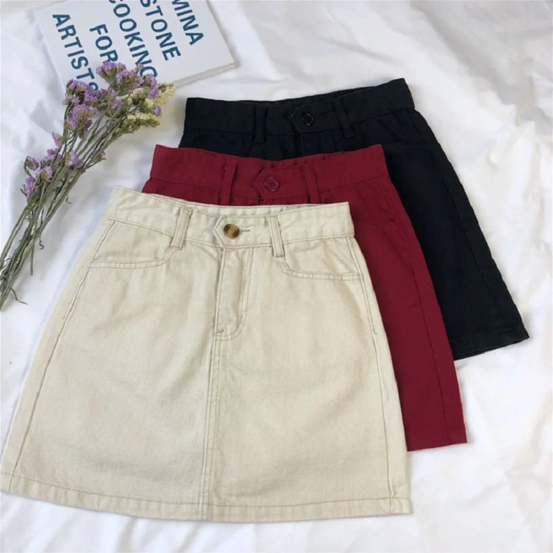 

Summer Skirts Women Ladies Short Mini Skirt Korean Style Denim Skirt High Waist Vintage Chic Was Thin Solid Color Student Skirt