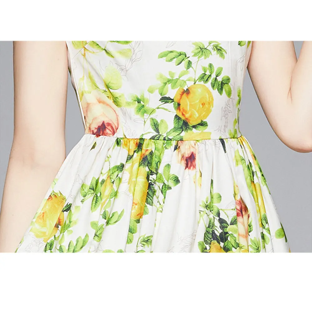

Merchall 2021 New Summer Fashion Retro Flower Print Midi Dress Woman Elegant Sleeveless O Neck Sexy Backless Party Dress M66185