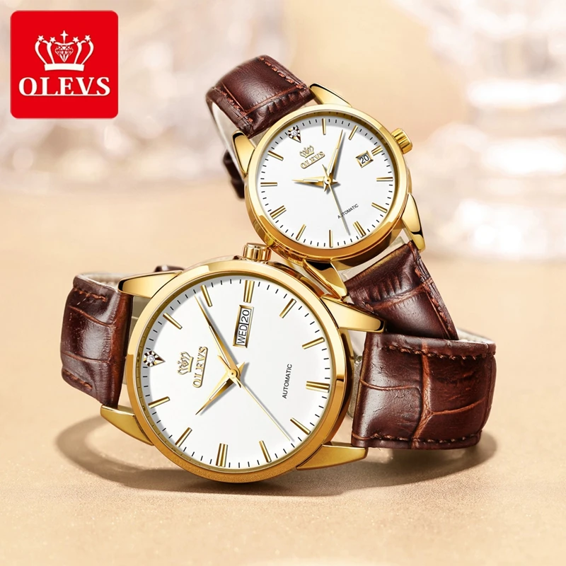 OLEVS Fashion Couple Watches Automatic Watch Leather Strap Design Brand Women Men's Mechanical Wristwatches montre homme femme