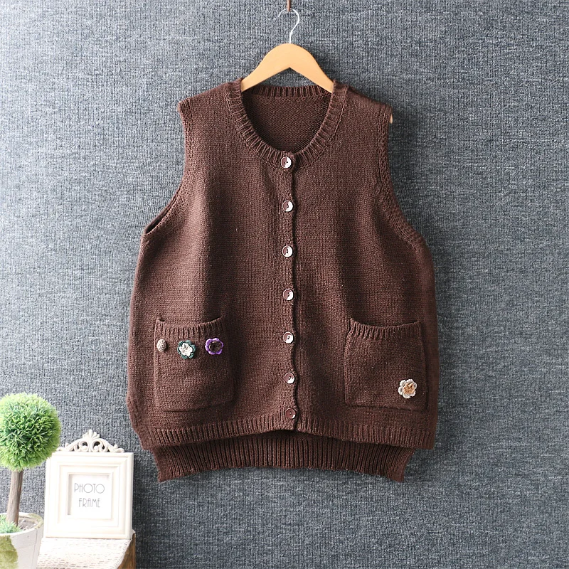 

Japan Style Mori Girl Literature Cardigan Vest O-Neck Single-breasted Three-dimensional flowers Pocket Knitting Sweater Autumn