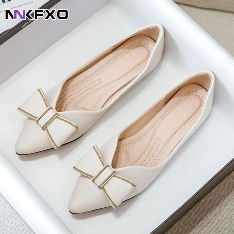 

Женские туфли с бантом на плоской подошве, кожаные туфли с острым носком, большие размеры 33-43, весна 2022