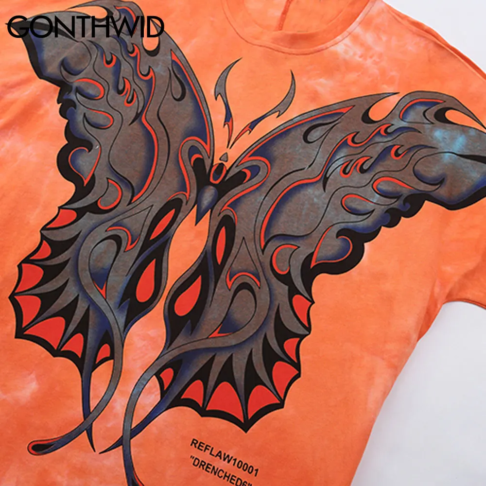 

GONTHWID Hip Hop Tshirts Streetwear Butterfly Print Punk Pock Gothic Tie Dye Tees Shirts Mens Harajuku Fashion Short Sleeve Tops