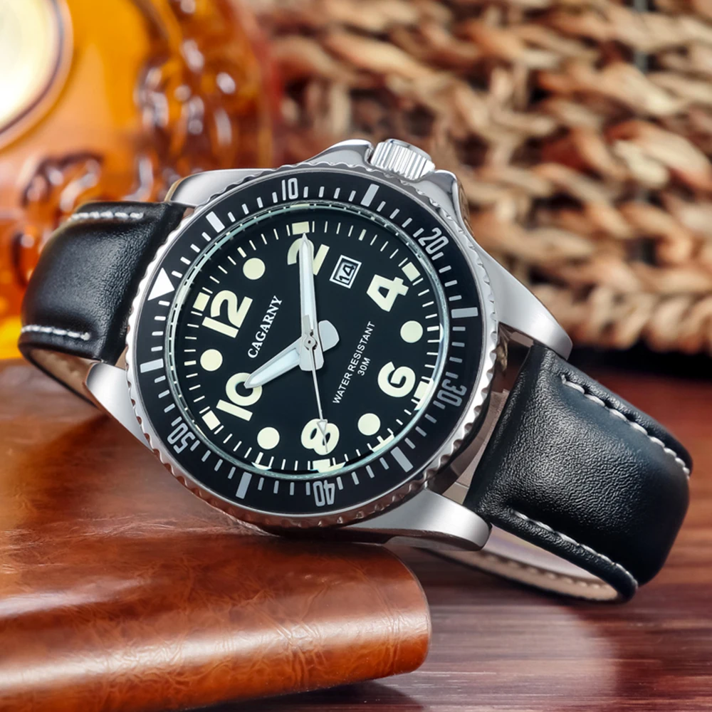 

New Fashion CAGARNY Militray Sport Quartz Men Watch Leather Waterproof Male Wristwatches Relogio Masculino
