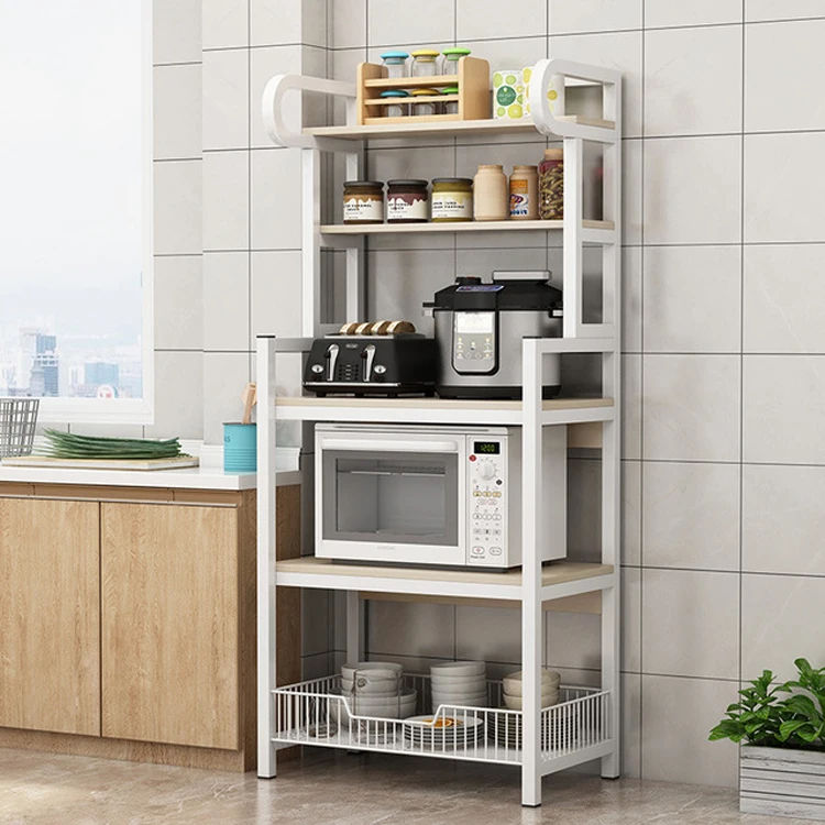 floor stand 5 layer kitchen microwave oven cabinet shelf with vegetable basket seasoning pot dishes storage rack free global shipping