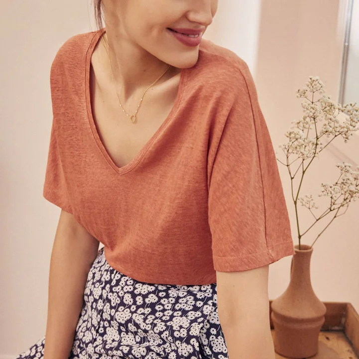 

100% Linen Tops 2021 Summer V-neck loose T-shirt