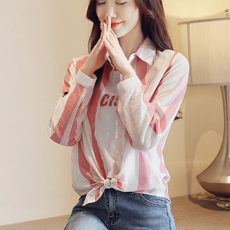 

2022 Spring New Lapel Stripe Chiffon Shirt Fake Two Women's Long Sleeve Shirt Single Breasted Fashion Workplace Office Top