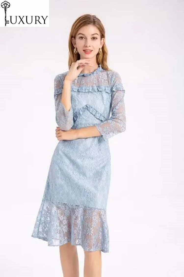 

Quality New Lace High 2020 Autumn Style Women Ruffle Floral Patchwork 3/4 Sleeve Knee-Length Bodycon Sheath Dress Blue XXL