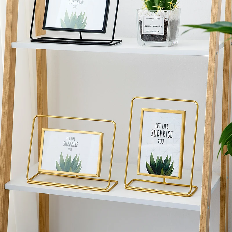 Metal Glass Photo Frame Golden Iron Picture Stand Nordic Home Decoration Painting Poster Bookshelf Decor Accessory | Дом и сад