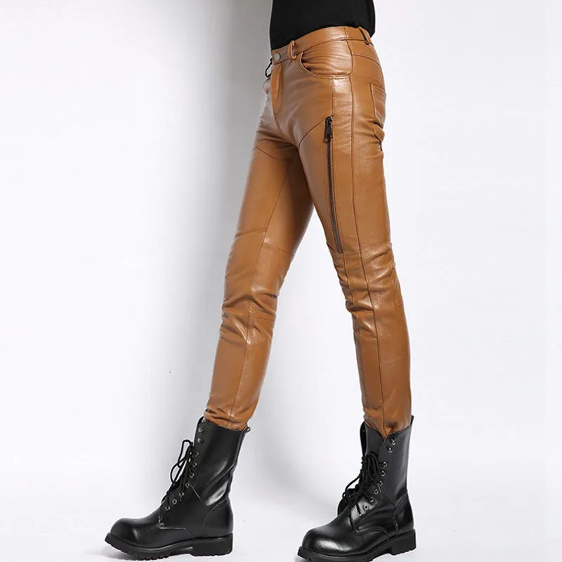 Sheepskin Real Leather Mens Pants 2020 New Fashion Casual Skinny Slim Full Length Trousers Motorcycle Soft Masculina Pantalon | Мужская