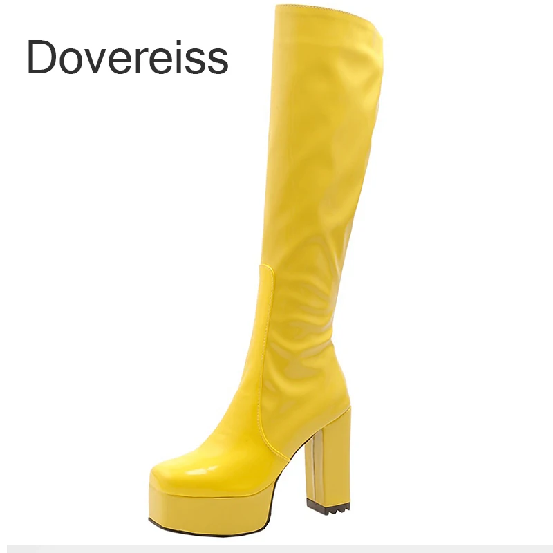 

Winter Woman Fashion Concise Pure Color Square Toe Yellow White Platform Blue Clear Heels Boots Chunky Heels Knee High Boots
