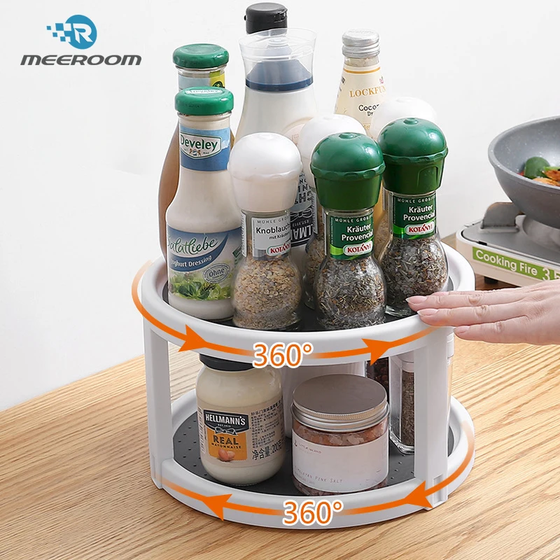 

Kitchen Rotating Seasoning Holder Twin Turntable Shelf Spice Organizer Lazy Susan Non-skid 2 Tier Pantry Cabinet Rack Cabinets