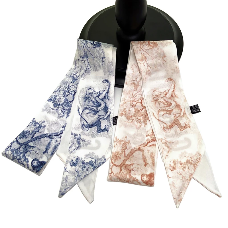 

2021 Silk Scarf New Tarot Print Lady Riband Bags Foulard Fashion Small Ribbon Band Kerchief Women Fashion Print Long Neck Shawl