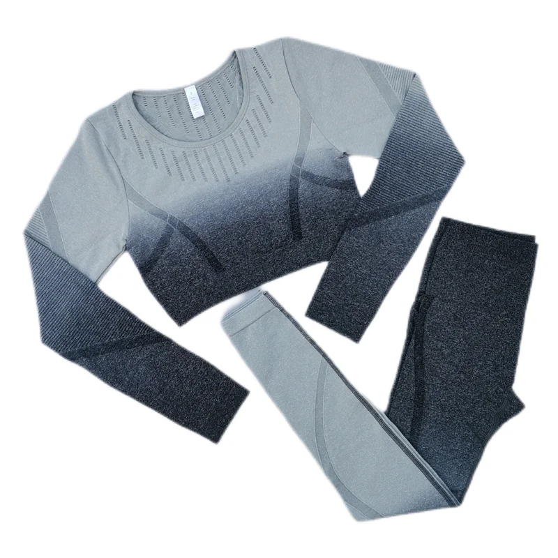 

Long Sleeve Yoga Set Gym Wear Fitness Clothes Crop Top Seamless Leggings High Waist Sports Suits Gradient Sportswear Women 2Pcs