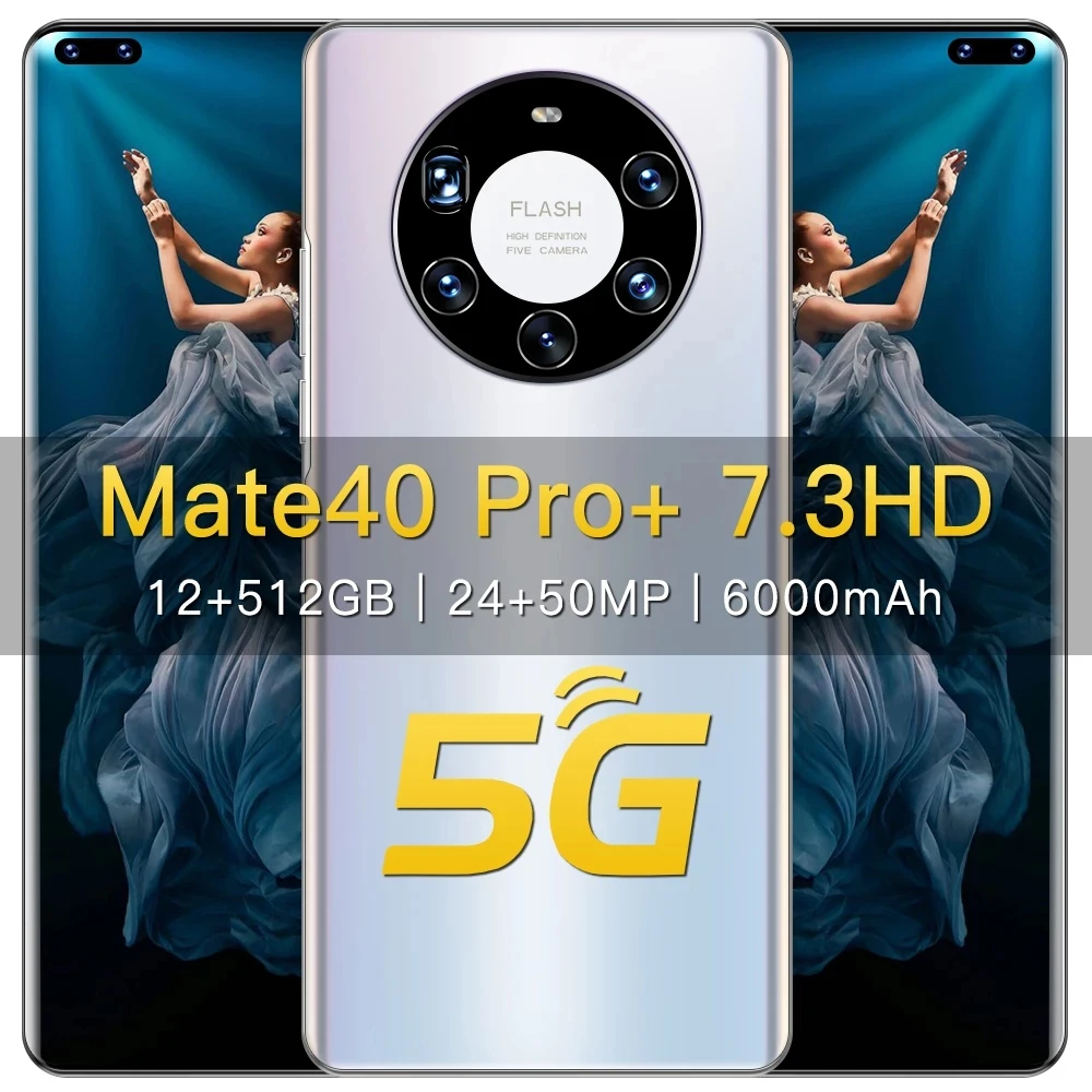 

Well Mate40 Pro Smartphone, Global Version, 7.3 Inch, 12 + 512GB, 6000mAh, Full Screen, Deca Core, LTE, 5G, Dual SIM Network