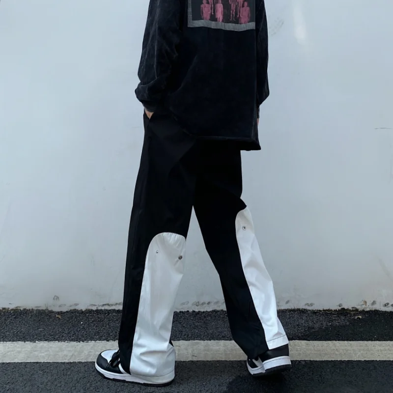 

Fashionable Patchwork Summer Straight Wide Leg Pants Korean Style Loose Vintage Casual Trousers Pockets High Waist Bottoms New