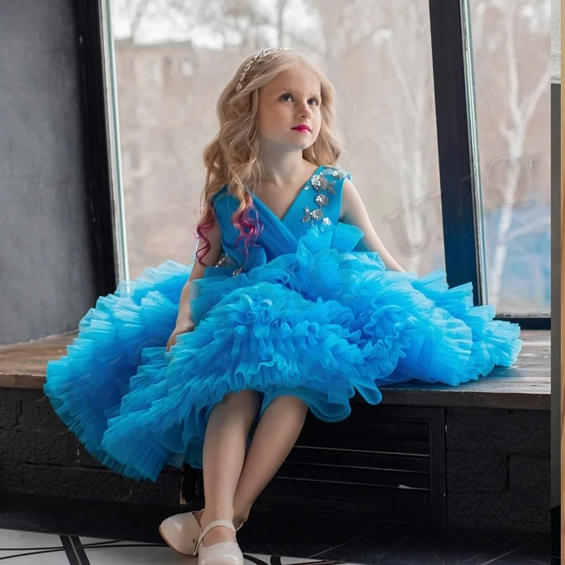 

Blue Tiered Kids Princess Flower Girl Dress Birthday Couture Dresses Wedding Costumes First Comunion Custom Made Drop Shipping