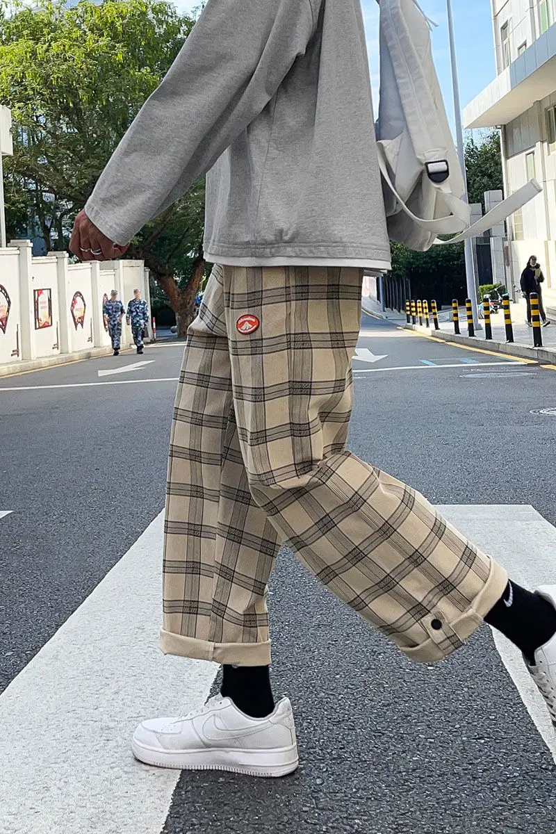 

High Quality Plaid Men's And Women's Straight Casual Capris Streetwear Wide Leg Pants Japan Preppy Style