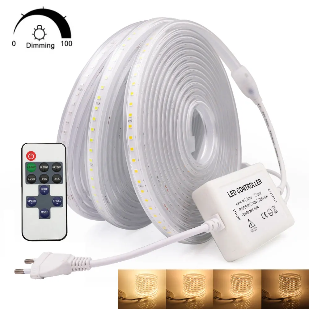 

Super Bright 220V 2835 LED Strip High Safety Waterproof Ribbon Tape Dimmable 120Leds/m Flexible LED lights Stripe Remote Control