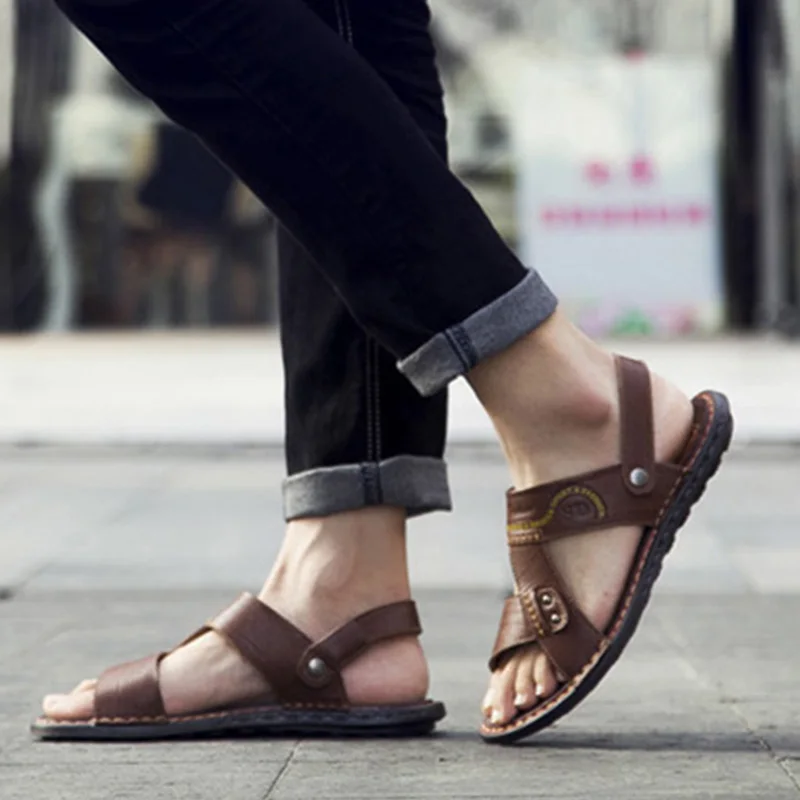 Сандалии мужские кожаные Нескользящие мягкие удобные Повседневная летняя