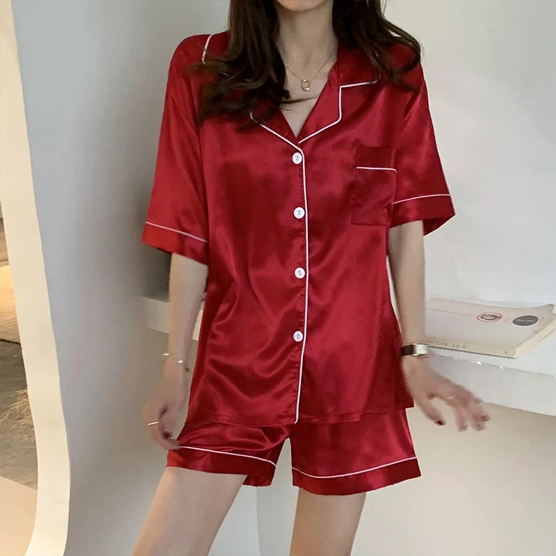 CAIYIER Solid Color Women Silk Nightwear Turn-down Collar Short Sleeve Sleepwear Female Soft Lingerie Plus Size Pajamas Set 5XL