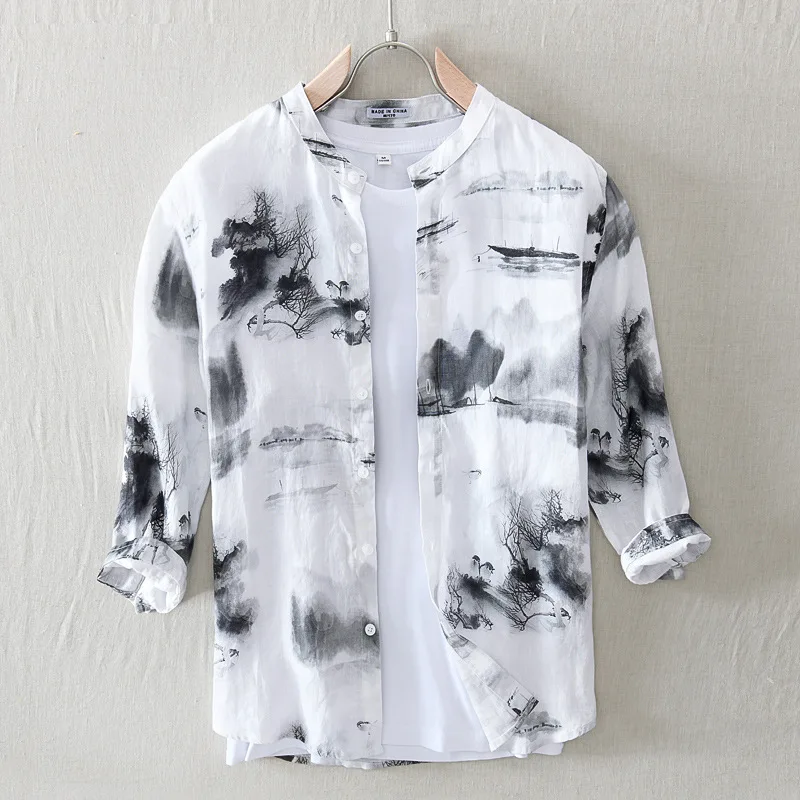 

High Quality Casual Summer New Men's Shirts Linen Three-Quarter Sleeve Men Shirt Stand-Up Collar Printed Shirt for Men