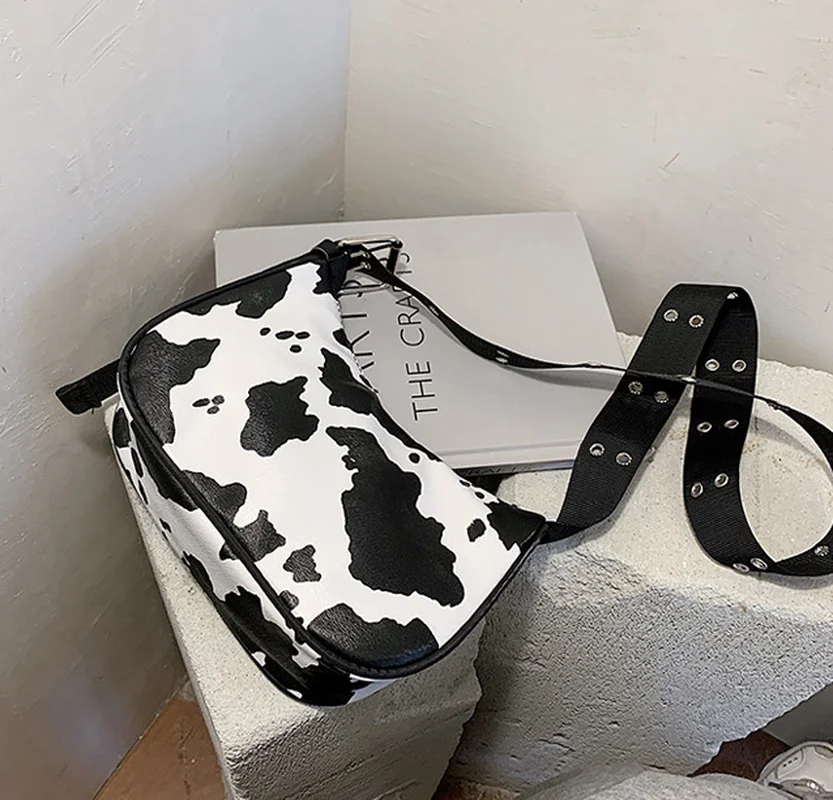 

Retro Cow Pattern Shoulder Bag Women Pu Leather Armpit Bag Advanced Design Crossbody Bag Girls Handbag Bolsa Baguette Tote Bags