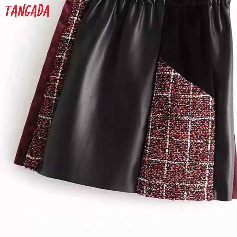 Tangada Женская мини-юбка из искусственной кожи в стиле ретро, клетчатая Лоскутная Женская Повседневная шикарная юбка из искусственной кожи 1Y08