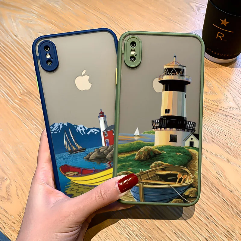 Hand Painted Lighthouse Print Bird Seagull Phone Case for iphone 11 12 13 Pro Max 7 8 Plus SE 2020 X XS MAX XR Hard Covers