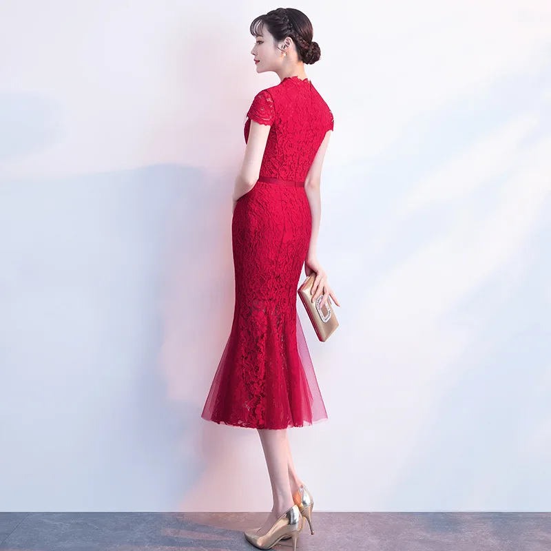 Традиционное вечерние йское платье-Русалка бордовый Чонсам Qipao вечернее платье