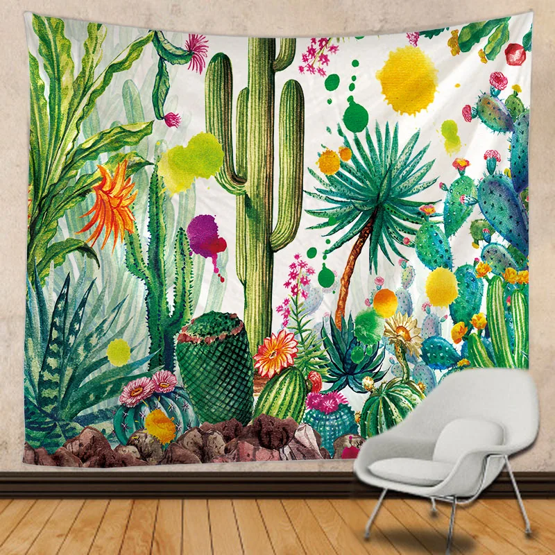 Настенный гобелен в стиле бохо с кактусами и индийской мандалой настенный