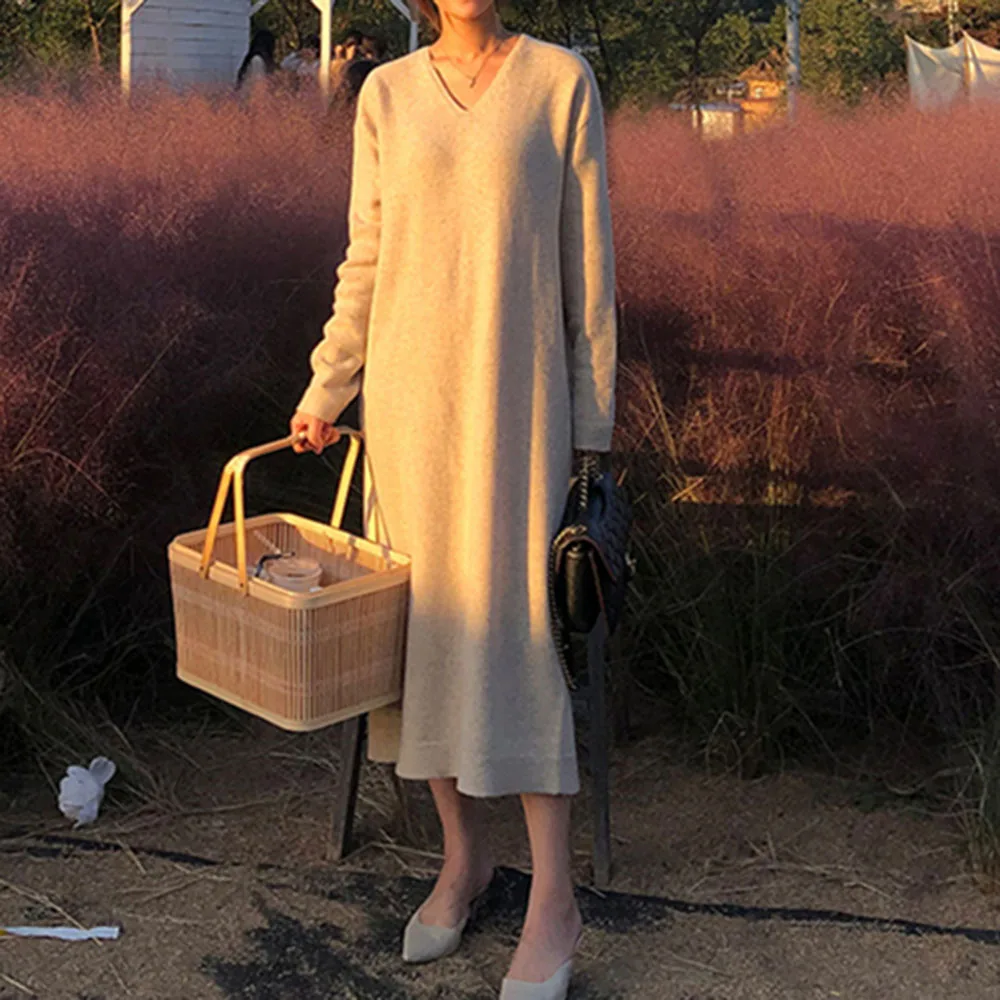 

Autumn Winter Korean Womens V-neck Cashmere Sweater Knee Loose Mid-length Hedging Knit Bottoming Sweater Sweater Dress