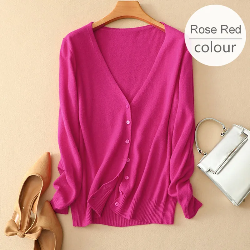 V-neck Rose Red Однобортный Для женщин свитер вязаный тонкий кардиган с круглым вырезом с длинным рукавом женские кардиганы Демисезонный женские топы - Цвет: V-neck Rose Red