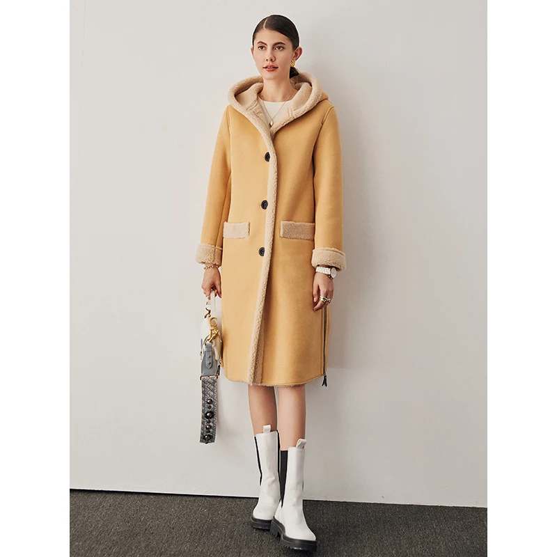 

Зима 2020, новое пальто из овечьей шерсти, Женская Толстая овчина, куртка с капюшоном, однобортная, толстая, теплая, с мехом, с широкой талией, Р...