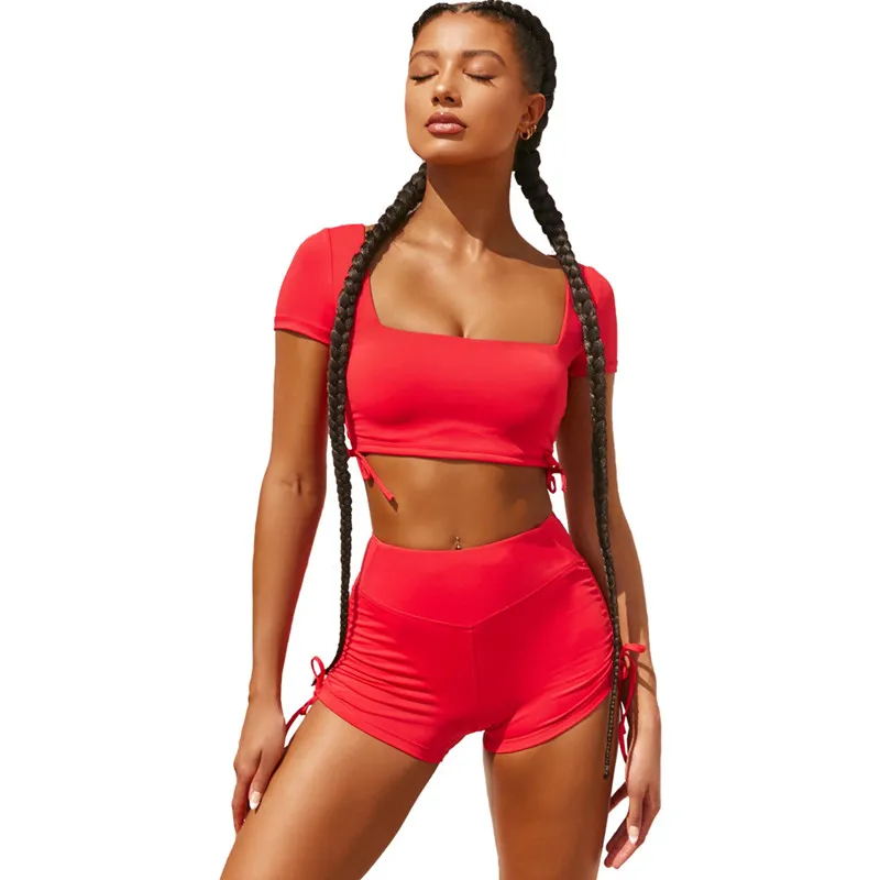 Летний Новый Одноцветный тонизирующий спортивный комплект из двух предметов