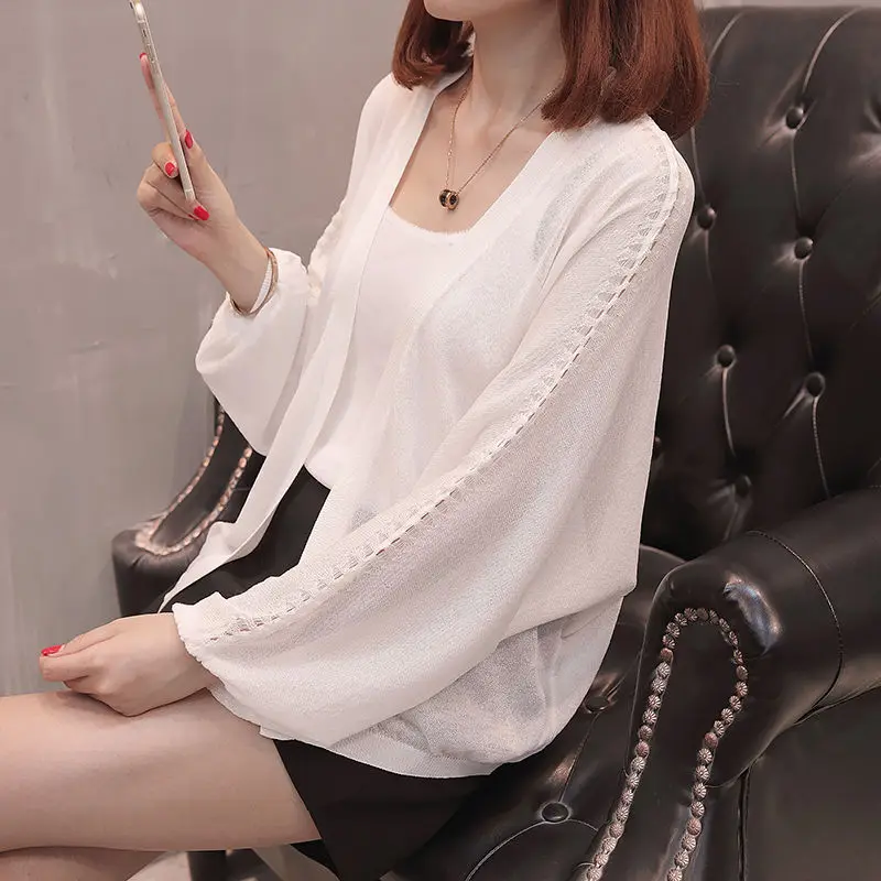 

Women New 2020 Summer Cardigans Long Sleeve Ice Silk Knitted Shawl Sweaters Coat Female Slim Elegant Thin Short Cardigan G321