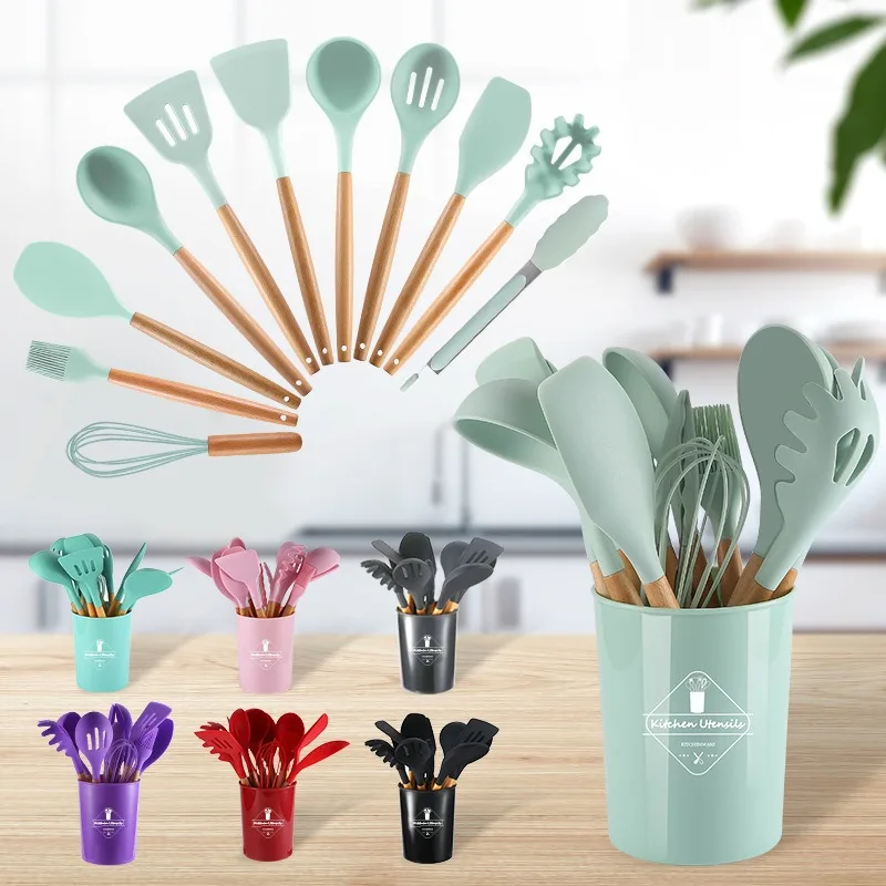 

12pc Non-stick Silicone Kitchenware Utensils Set Cookware With Storage Bucket Shovel Wooden Handle Kitchen Cooking Tool Set