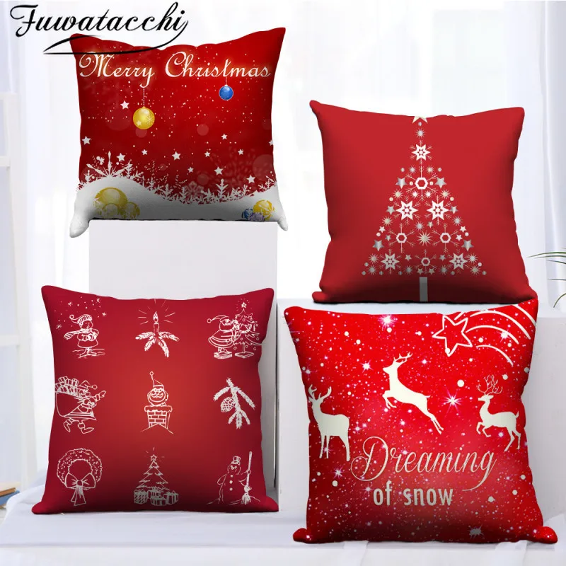 

Fuwatacchi Merry Christmas Cushion Cover Red Xmas Gift Printed Pillow Covers for Home Sofa Decor Pillowcases Funda Cojin 45x45cm